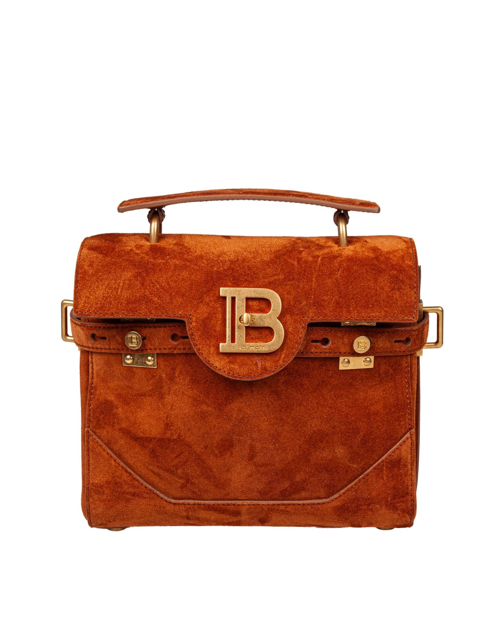 BALMAIN B BUZZ 23 SUEDE HANDBAG, CARAMEL COLOR