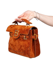 BALMAIN B BUZZ 23 SUEDE HANDBAG, CARAMEL COLOR