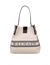 BALMAIN RELEASE CANVAS AND LEATHER BUCKET BAG WITH LOGO