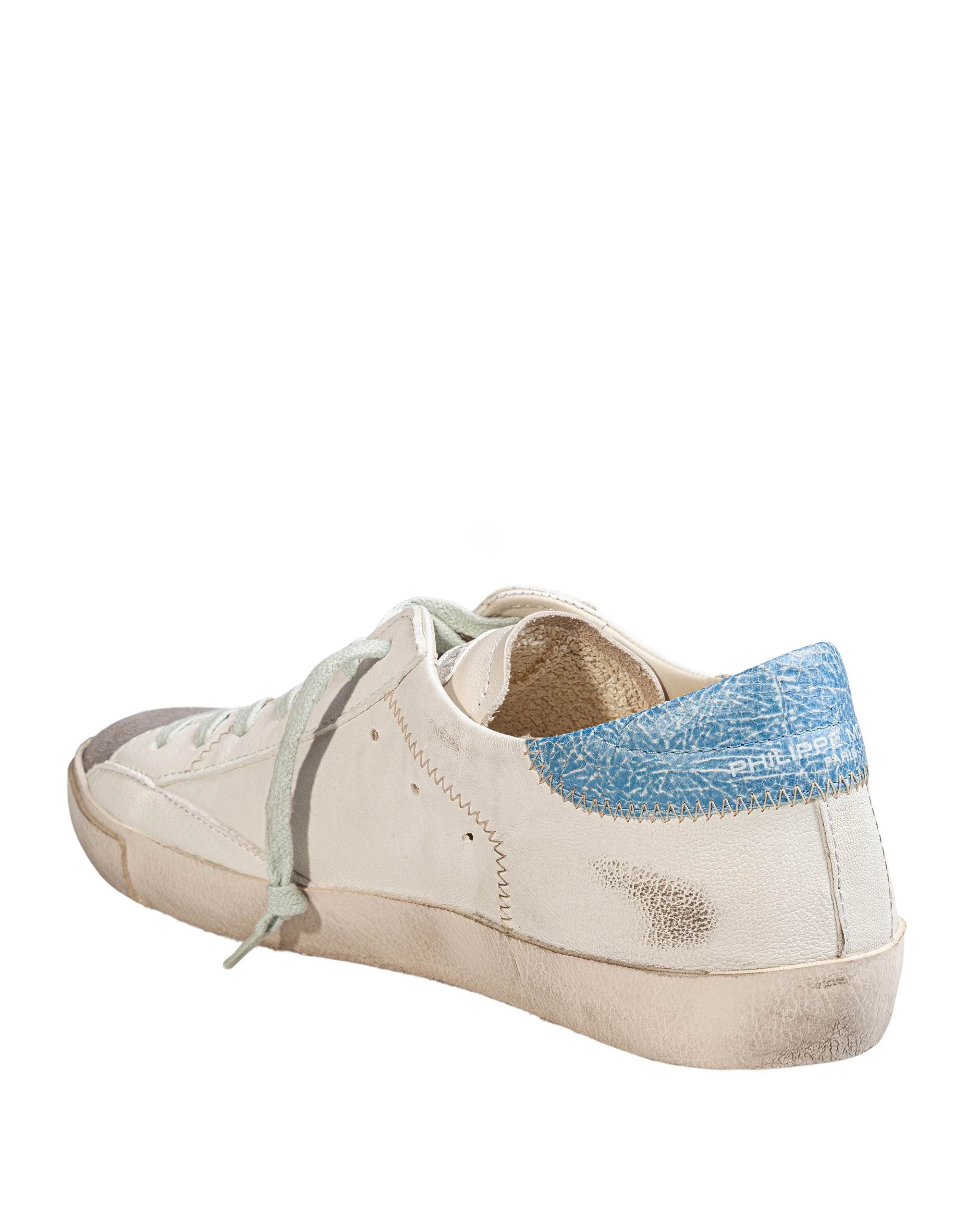 PHILIPPE MODEL PRSX LOW LEATHER AND SUEDE SNEAKERS, WHITE AND LIGHT BLUE