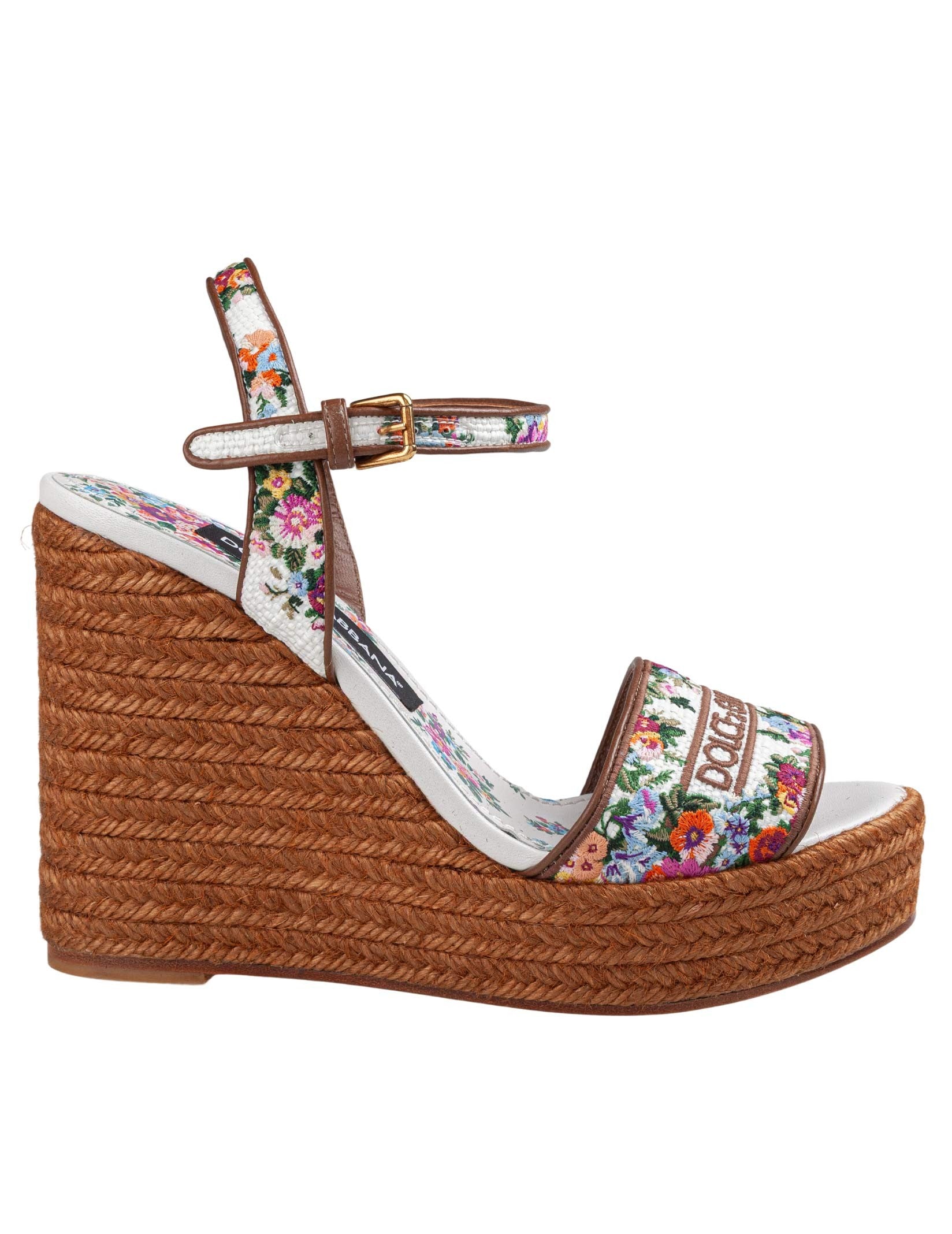 DOLCE & GABBANA FABRIC AND NAPPA WEDGE SANDAL WITH THREAD EMBROIDERY