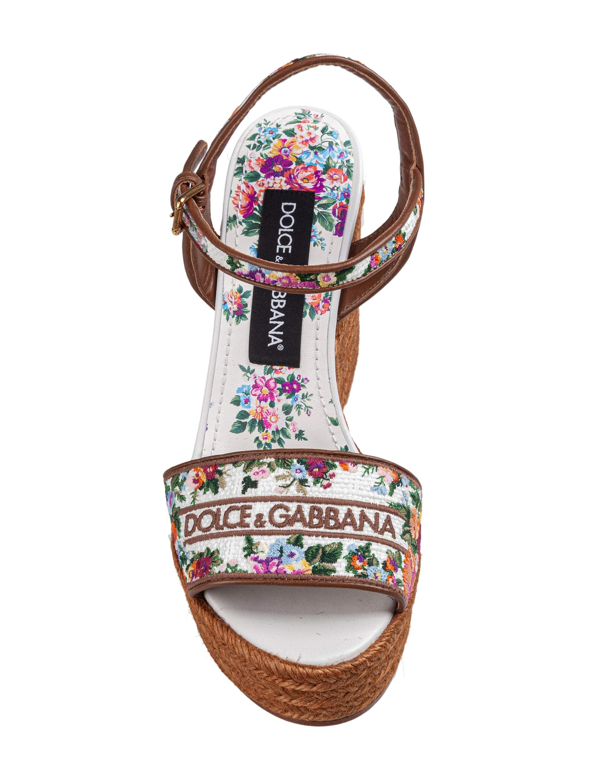 DOLCE & GABBANA FABRIC AND NAPPA WEDGE SANDAL WITH THREAD EMBROIDERY