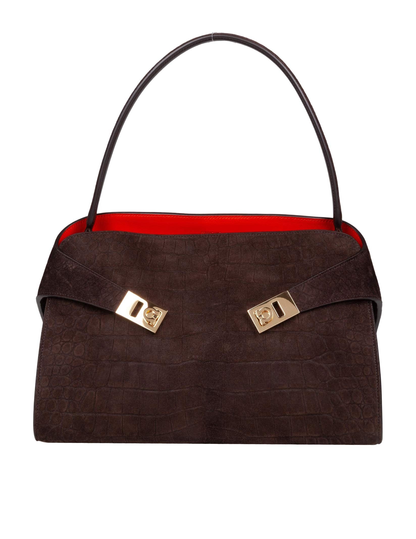 FERRAGAMO HUG SOFT SUEDE SHOULDER BAG, DARK BROWN