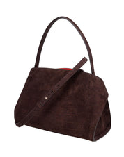 FERRAGAMO HUG SOFT SUEDE SHOULDER BAG, DARK BROWN