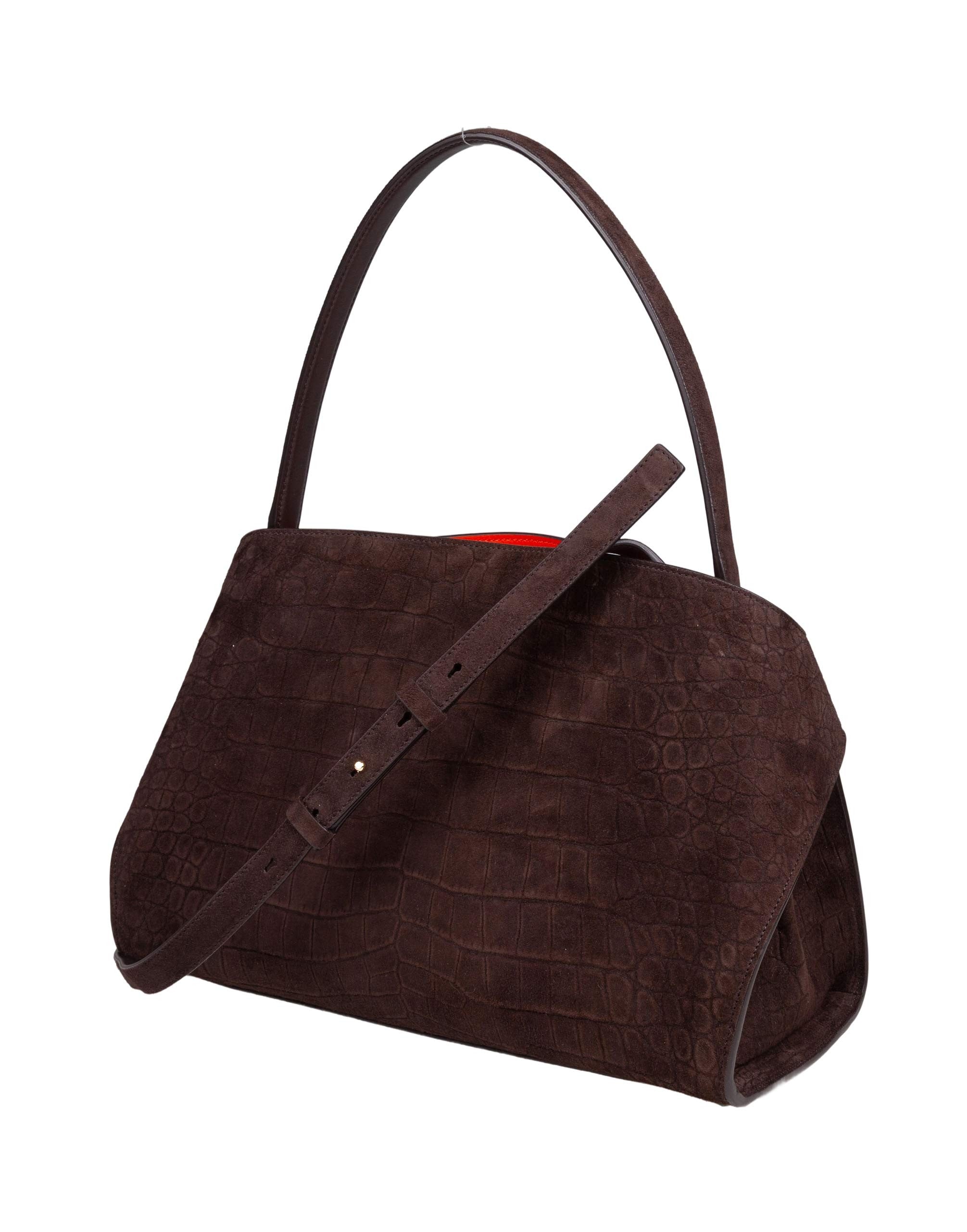 FERRAGAMO HUG SOFT SUEDE SHOULDER BAG, DARK BROWN