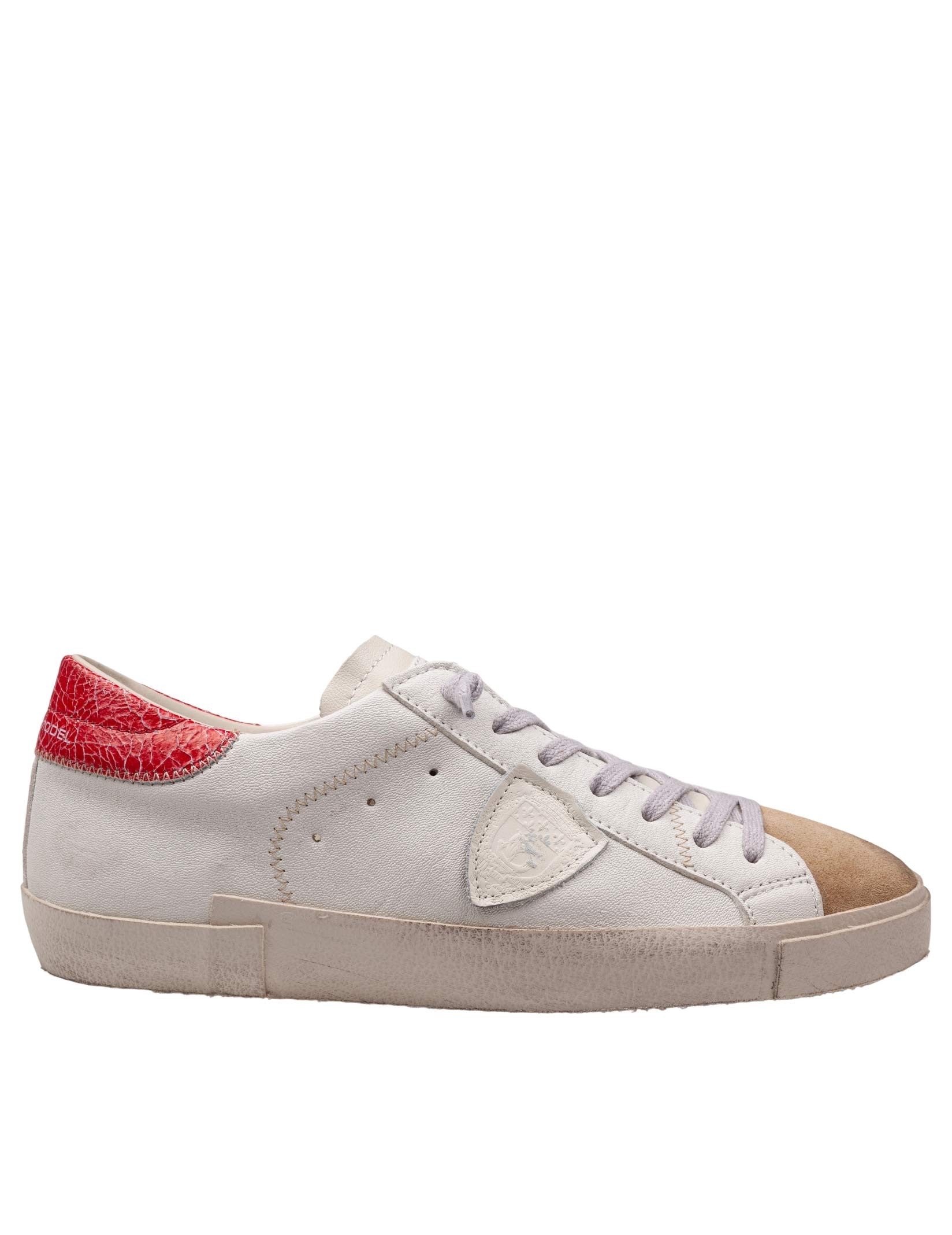 PHILIPPE MODEL PRSX LOW MEN'S LEATHER AND SUEDE SNEAKERS, WHITE AND RED