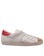 PHILIPPE MODEL PRSX LOW MEN'S LEATHER AND SUEDE SNEAKERS, WHITE AND RED