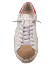 PHILIPPE MODEL PRSX LOW MEN'S LEATHER AND SUEDE SNEAKERS, WHITE AND RED