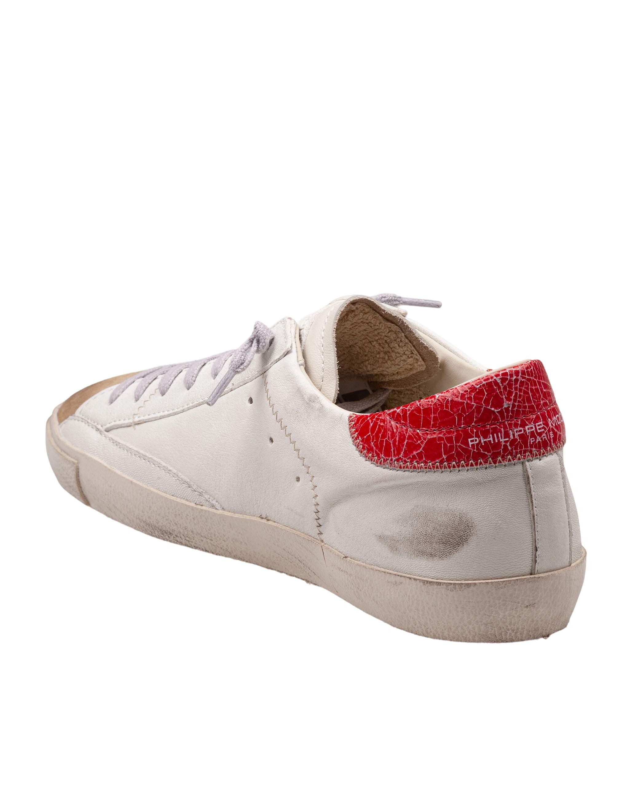 PHILIPPE MODEL PRSX LOW MEN'S LEATHER AND SUEDE SNEAKERS, WHITE AND RED