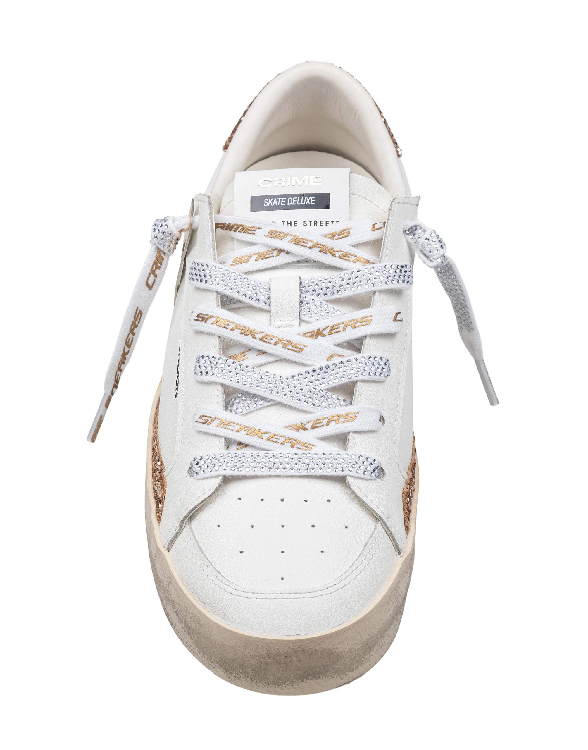 CRIME DELUXE LEATHER SNEAKERS IN WHITE AND GOLD GLITTER