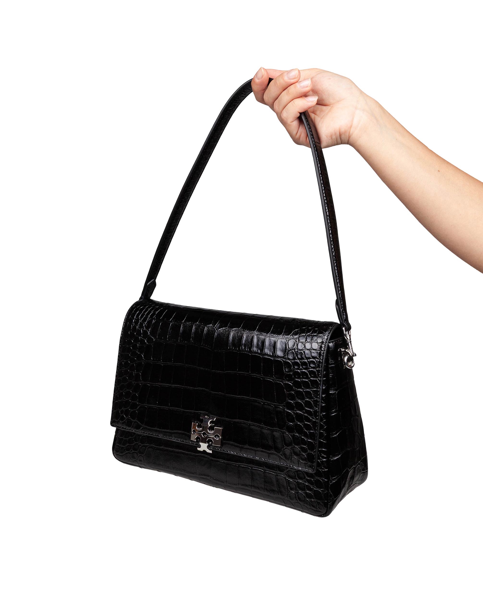 TORY BURCH CHARLIE EMBOSSED CROC PRINT SHOULDER BAG