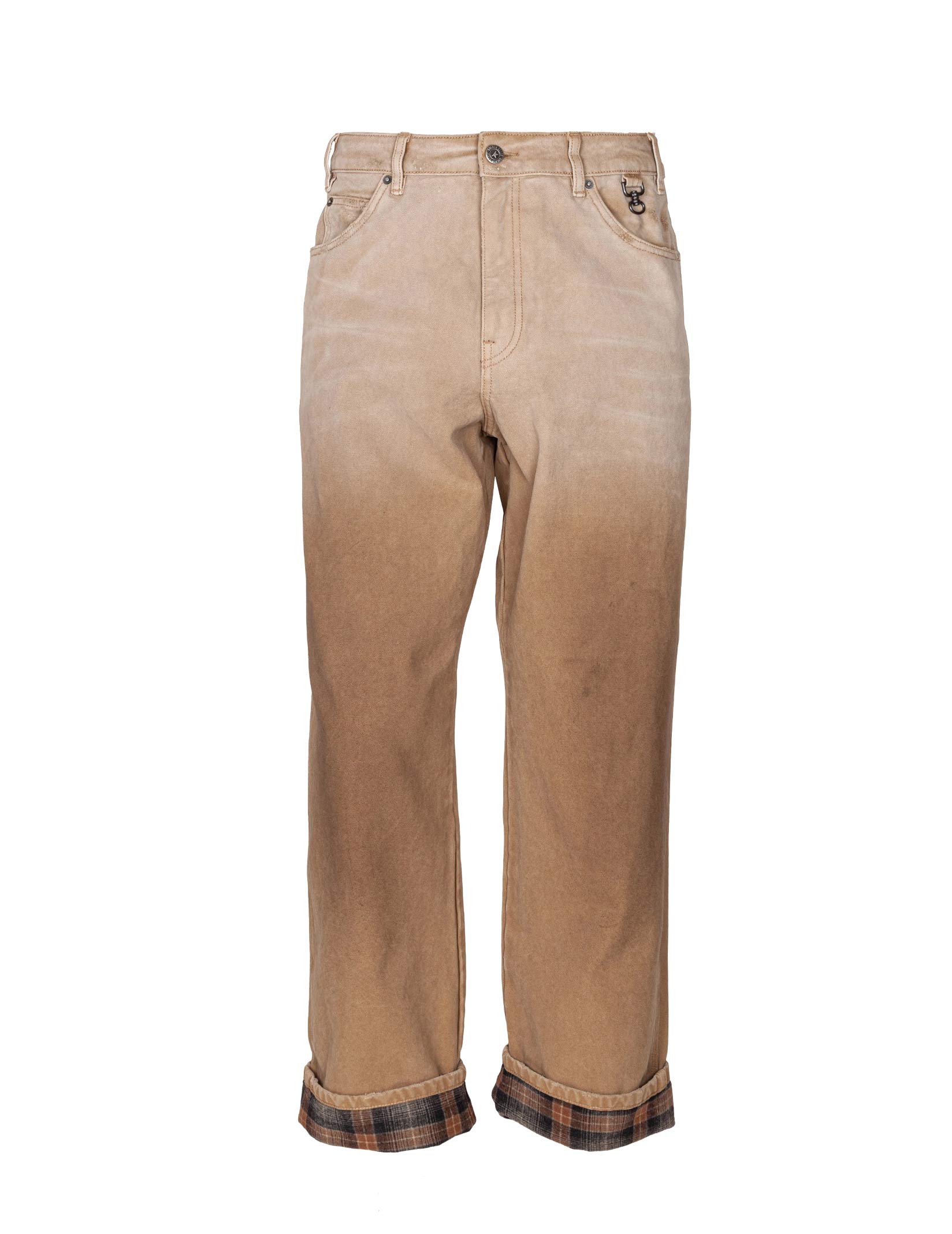 GOLDEN GOOSE BEIGE COTTON TROUSERS WITH CHECK DETAILS