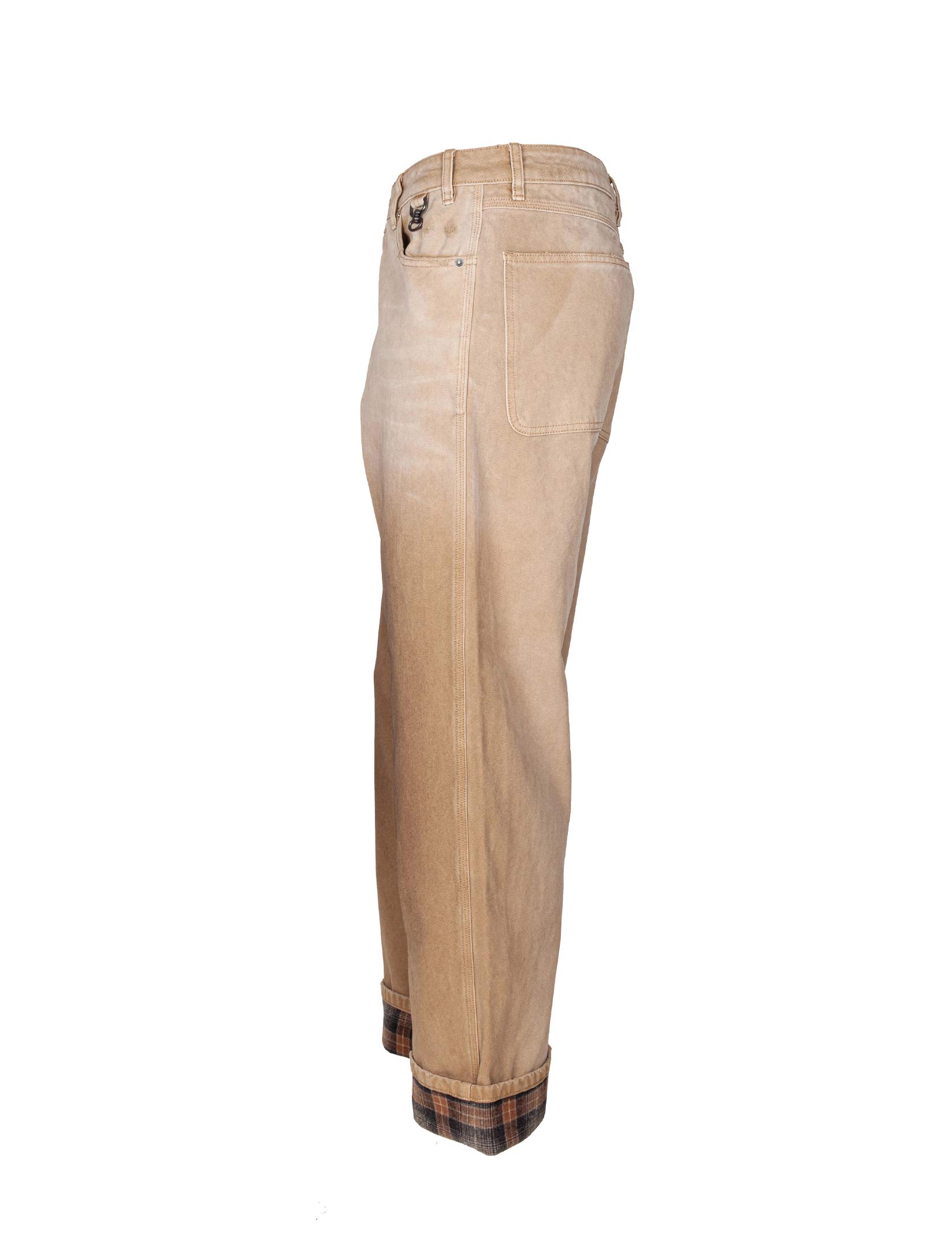 GOLDEN GOOSE BEIGE COTTON TROUSERS WITH CHECK DETAILS