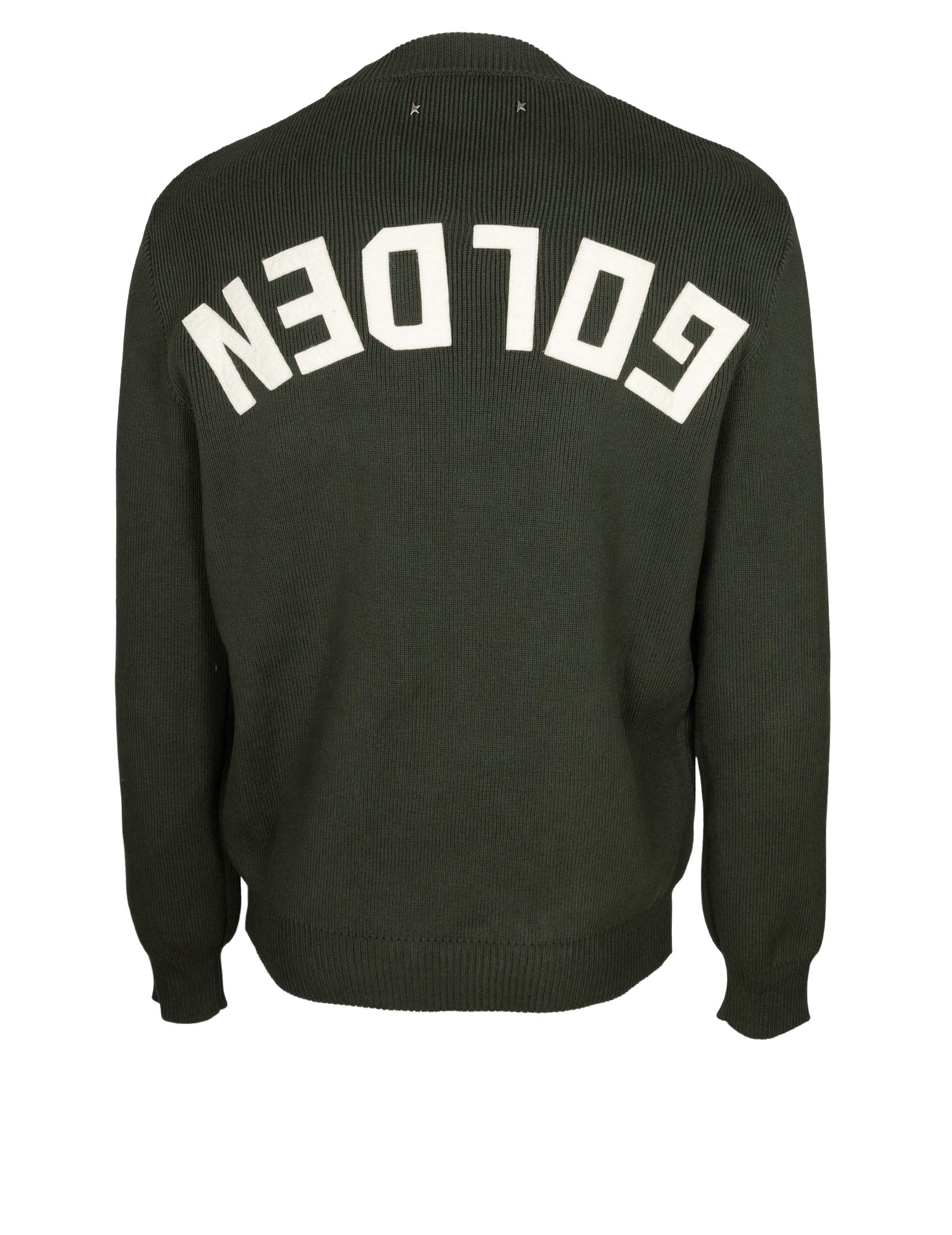 GOLDEN GOOSE COTTON CREW NECK SWEATER WITH GOLDEN WRITING ON THE BACK GREEN