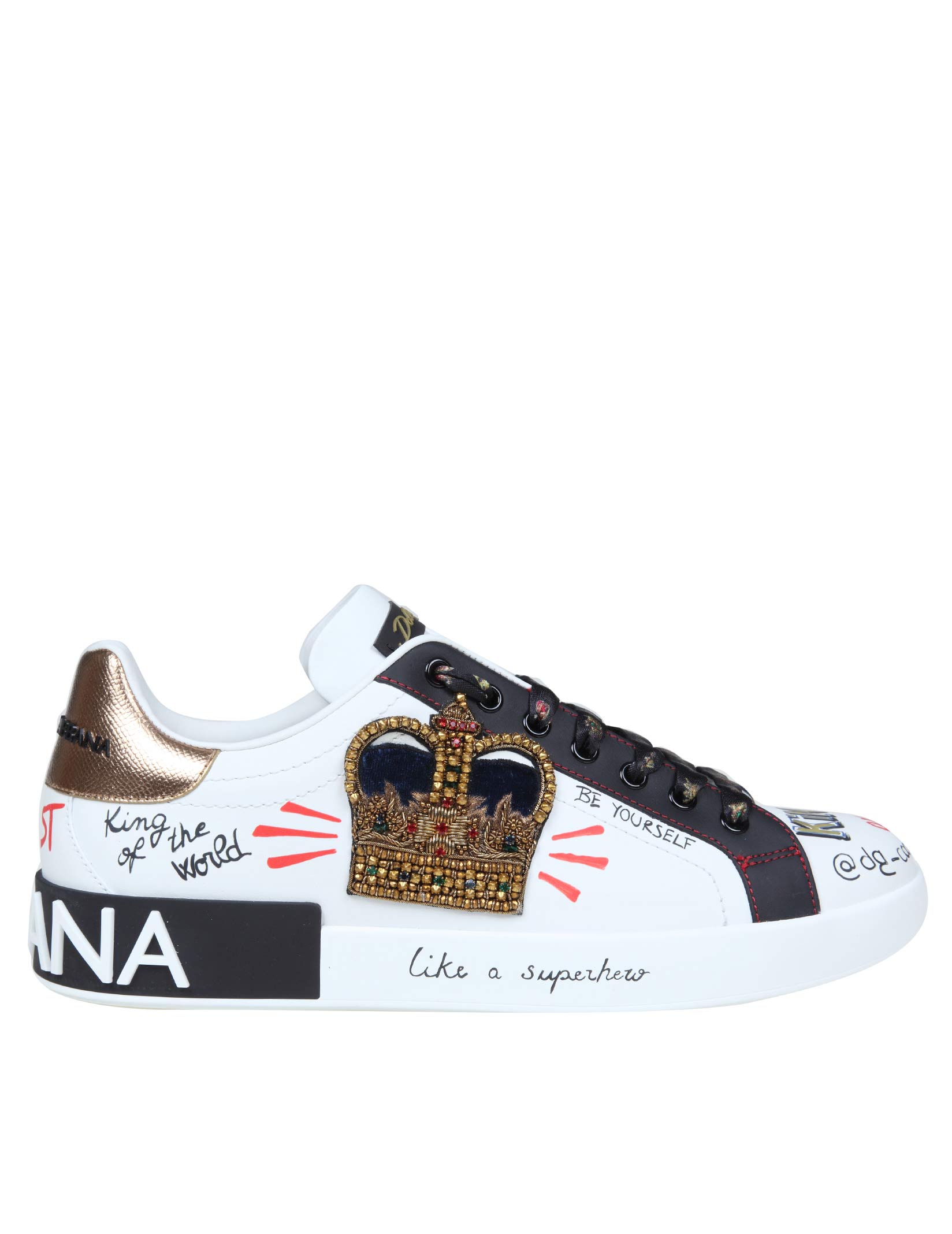 DOLCE & GABBANA PORTOFINO LEATHER SNEAKERS WITH EMBROIDERY AND PATCHES