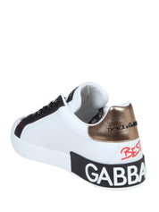 DOLCE & GABBANA PORTOFINO LEATHER SNEAKERS WITH EMBROIDERY AND PATCHES