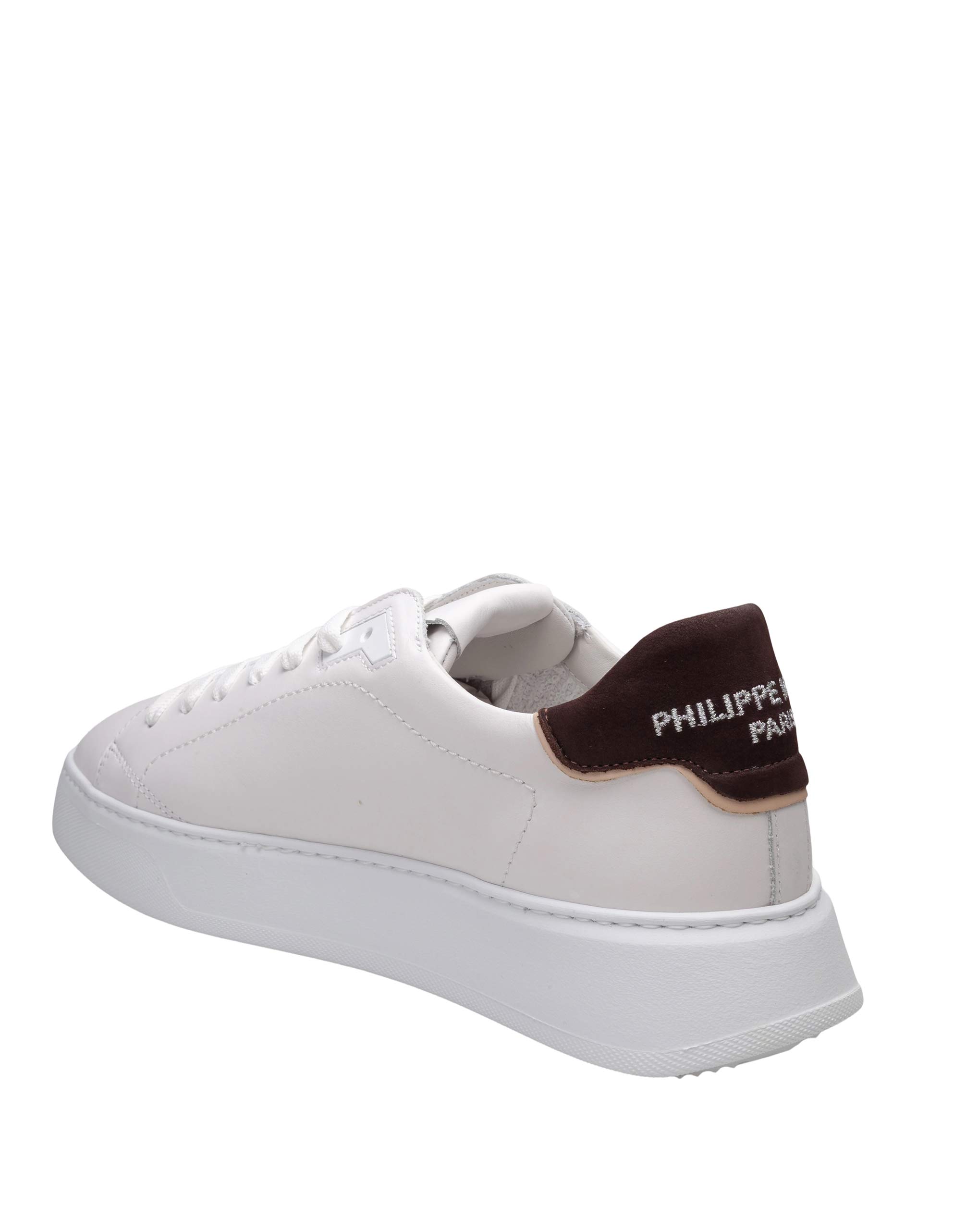 PHILIPPE MODEL TEMPLE LOW SNEAKERS IN WHITE AND BROWN LEATHER