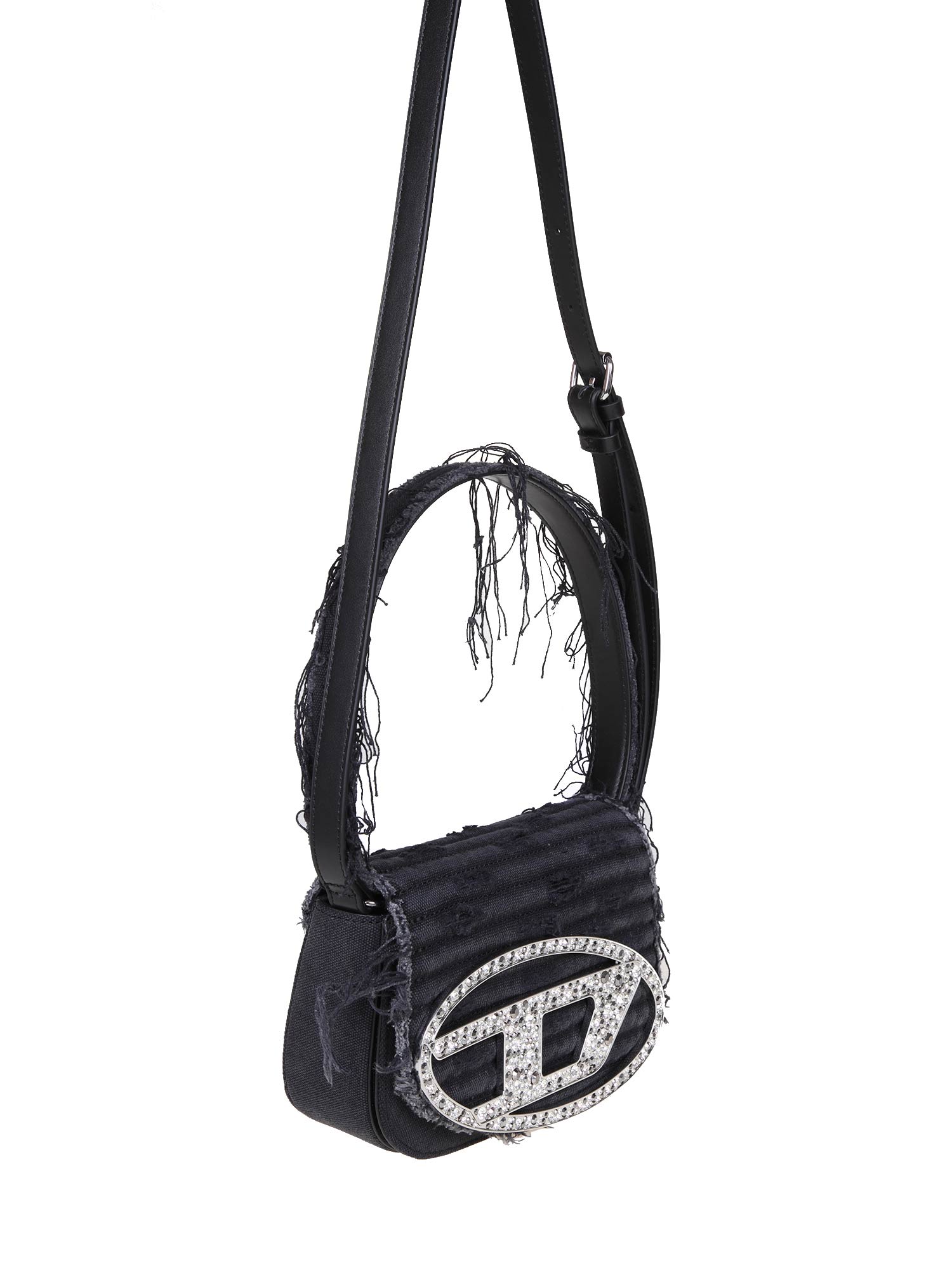 DIESEL BORSA 1DR IN DENIM NERO CON CRISTALLI APPLICATI