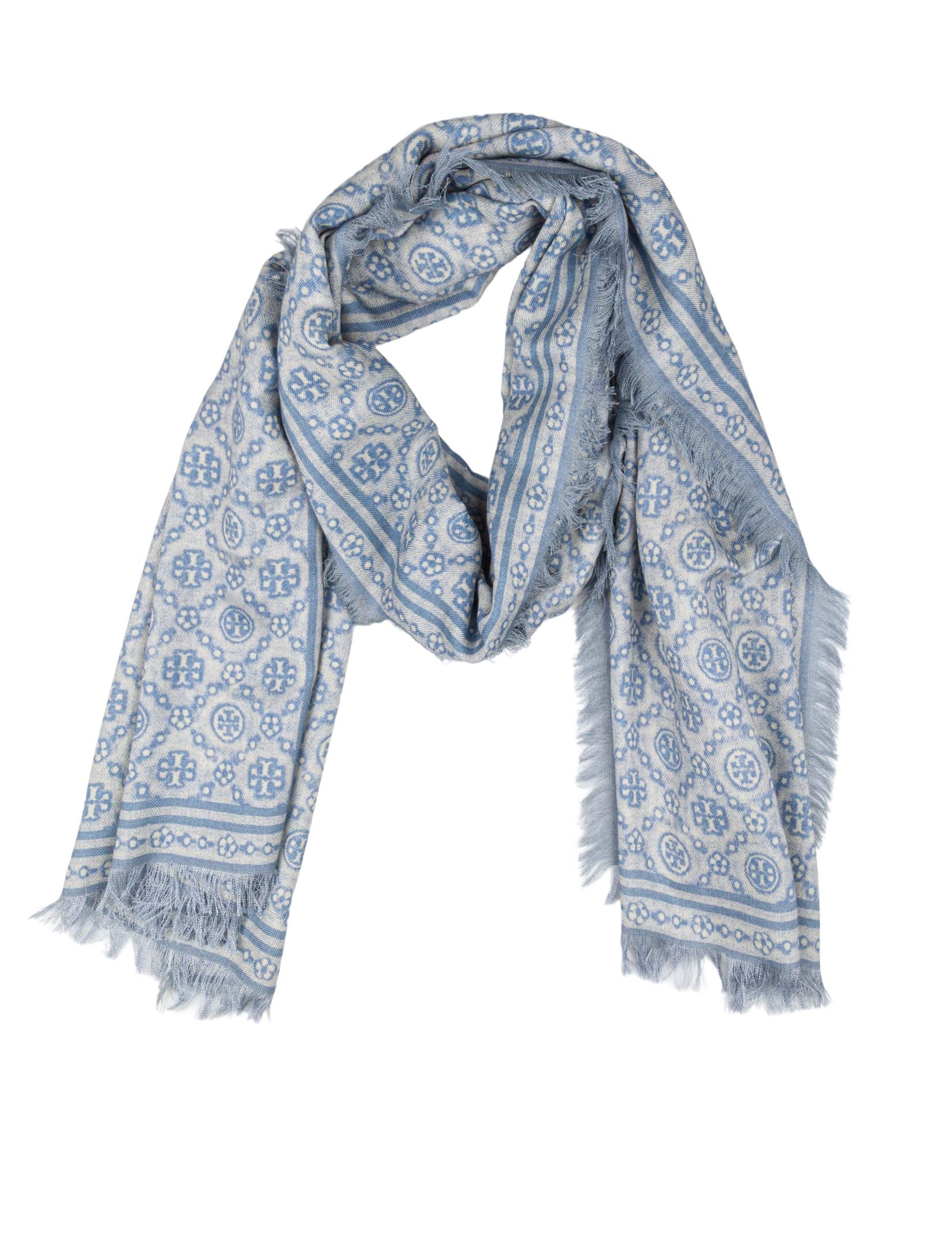 TORY BURCH SCARF MONOGRAM SOFT BLUE