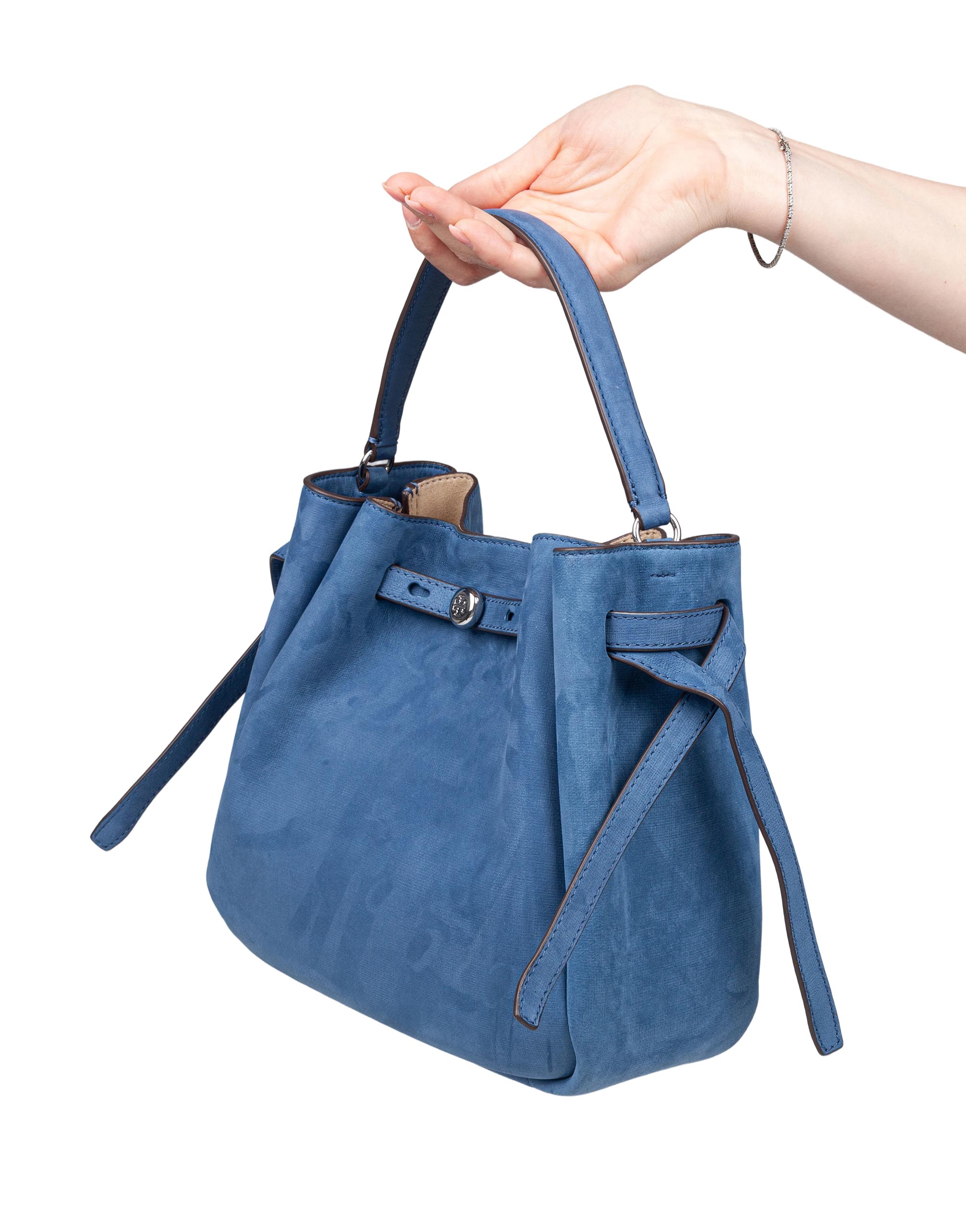 TORY BURCH ROMY BUCKET BAG IN NABUK SOFT BLUE
