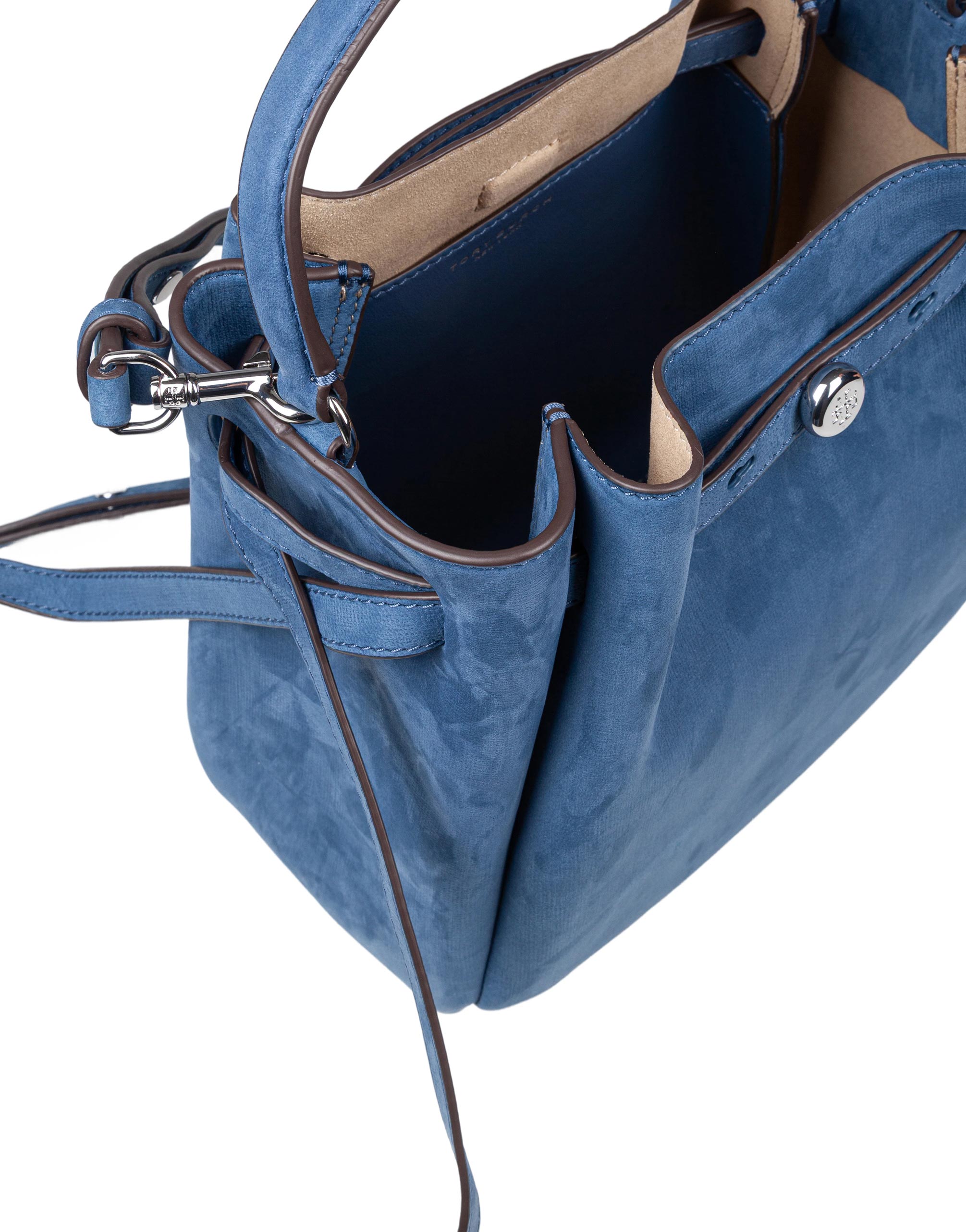 TORY BURCH ROMY BUCKET BAG IN NABUK SOFT BLUE