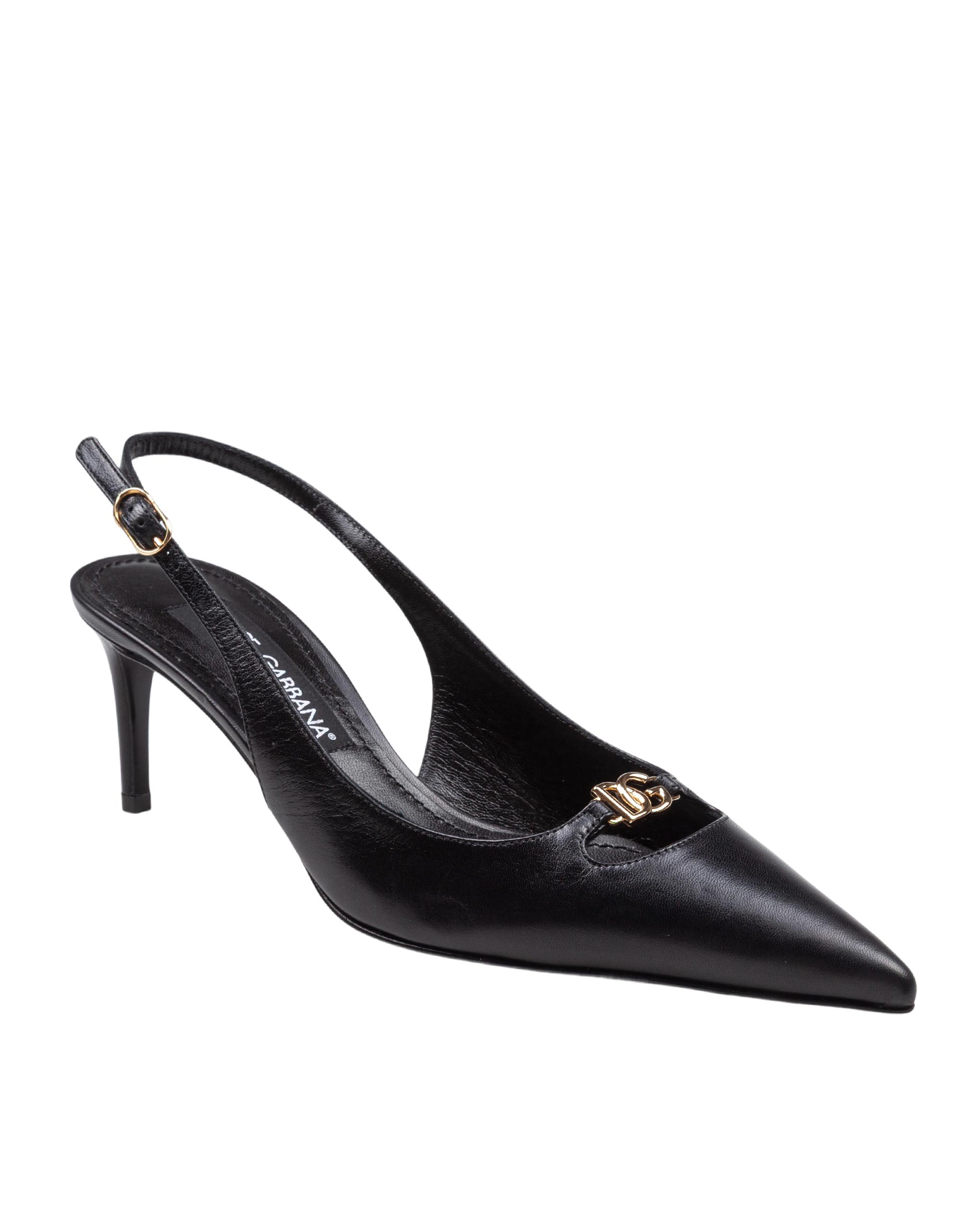 DOLCE & GABBANA BLACK LEATHER SLINGBACK WITH LOGO