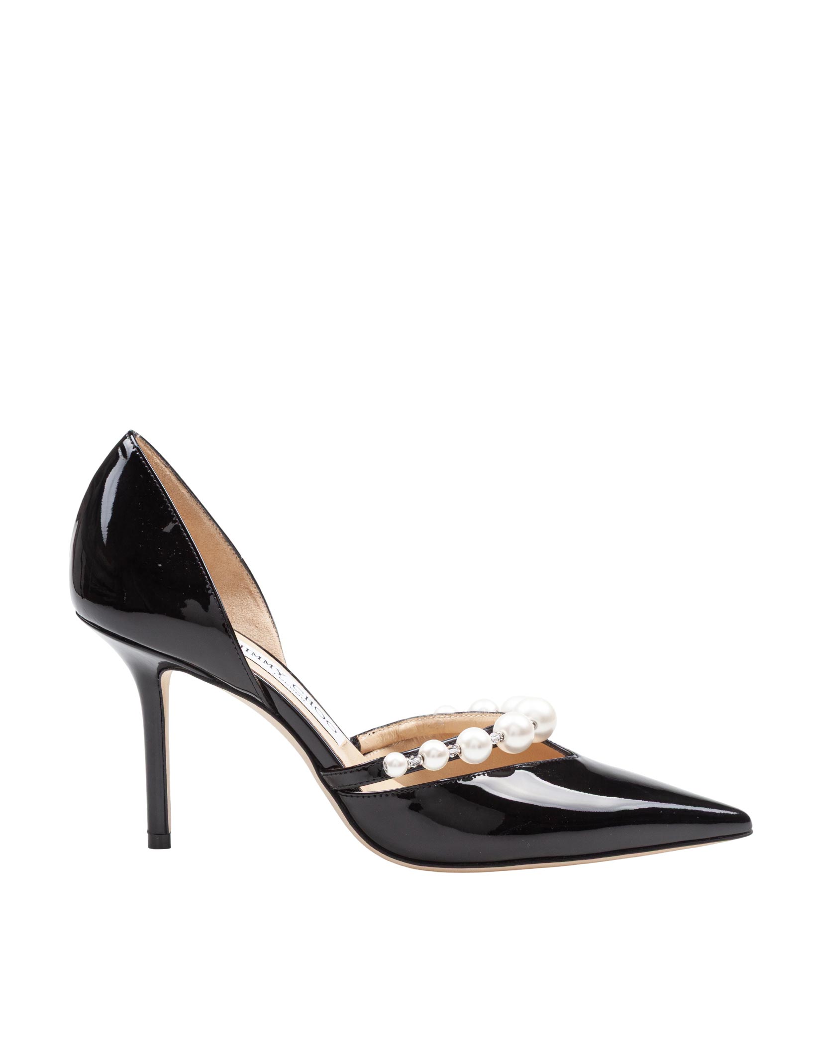JIMMY CHOO AURELIE 85 PATENT LEATHER PUMPS WITH APPLIED PEARLS