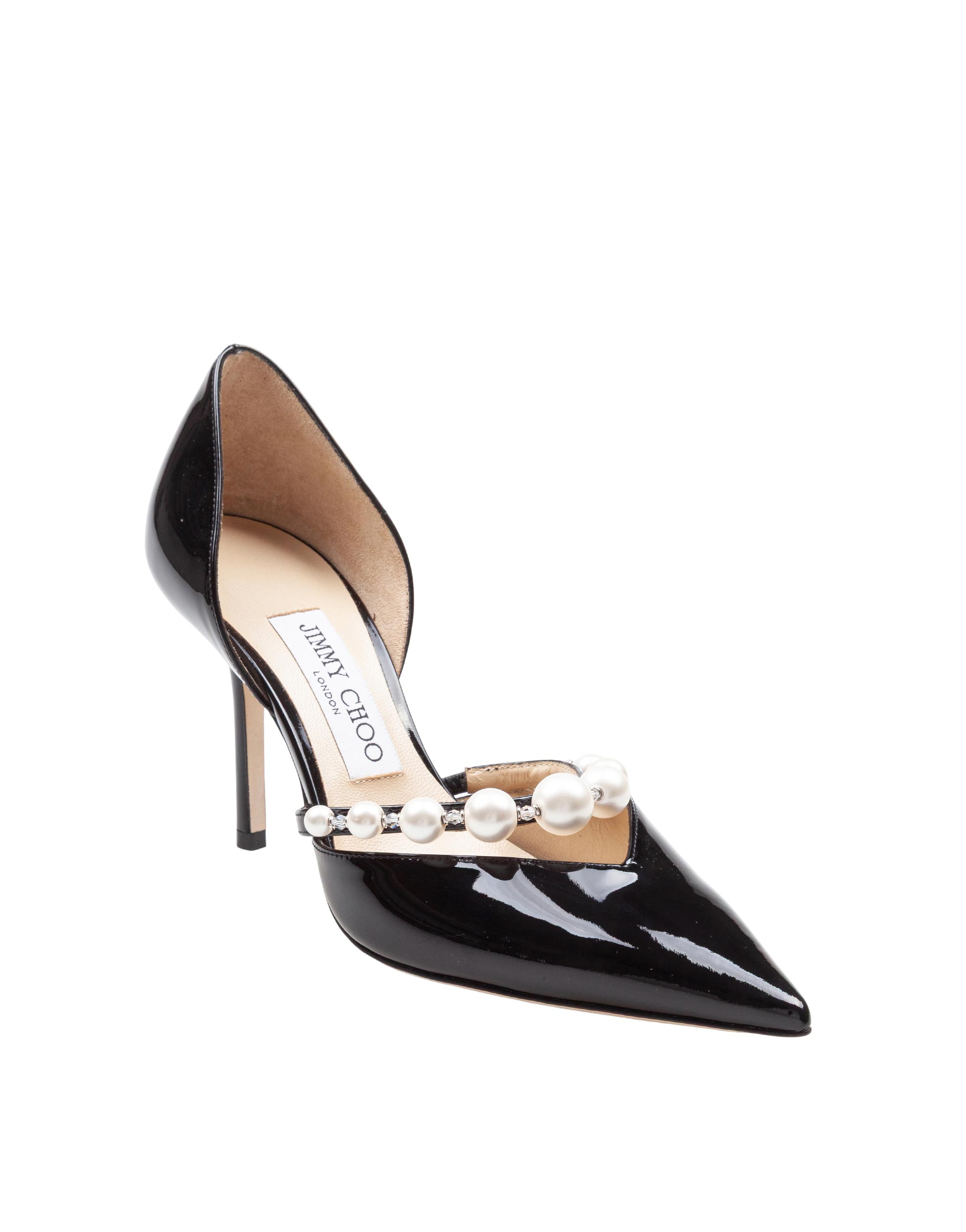JIMMY CHOO AURELIE 85 PATENT LEATHER PUMPS WITH APPLIED PEARLS