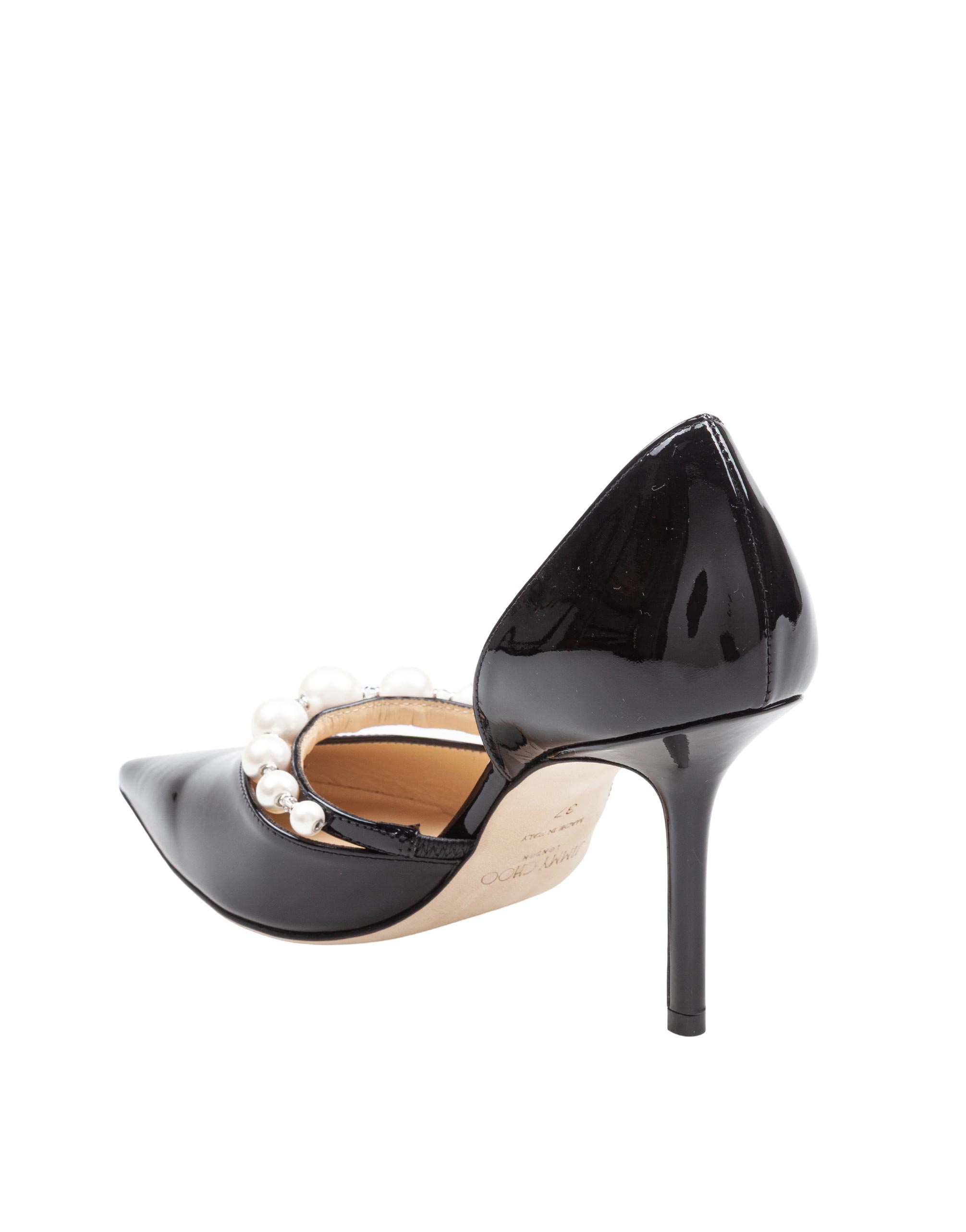 JIMMY CHOO AURELIE 85 PATENT LEATHER PUMPS WITH APPLIED PEARLS